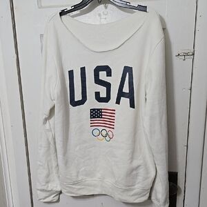 White USA Sweatshirt with Flag and Olympic Rings Callouts